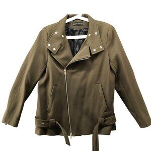 Zara Belted‎ Moto Jacket Womens L Army Green Biker Zip Up Zip Sleeve